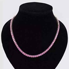 4MM Round Cut Lab Created Pink Sapphire Tennis Necklace14K White Gold Plated 18"