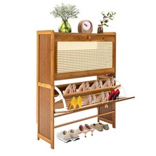 Rattan Shoe Cabinet 2 Flip Drawers Shoe Rack Storage Organizer for Entryway Home