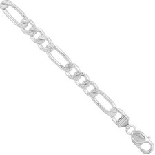 925 Sterling Silver Pave Cut Beveled Figaro Link Chain Necklace 9mm 8" to 30"