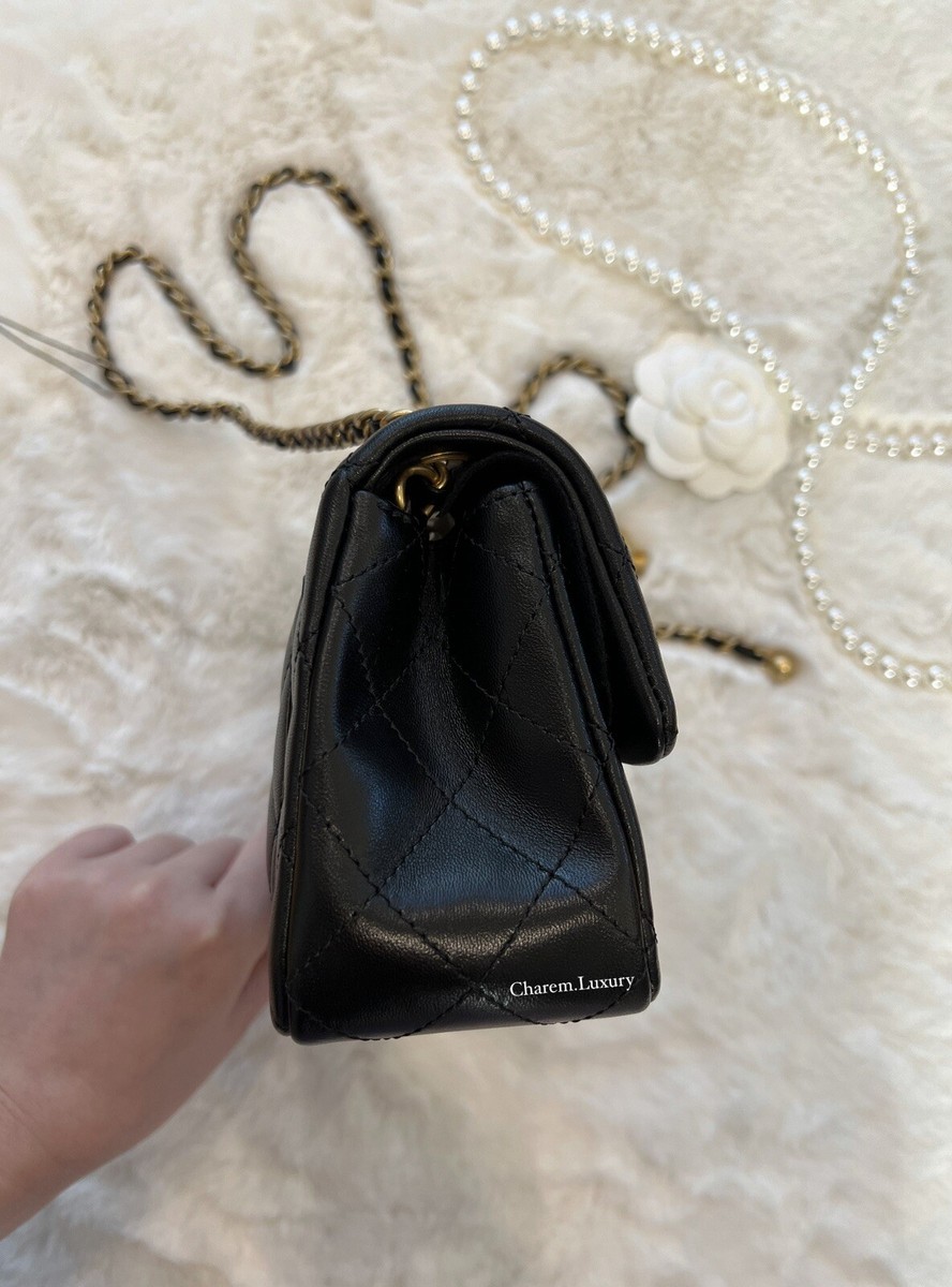 🖤NWT 24K CHANEL Black Mini Rectangle Pearl Crush Gold Ball Flap