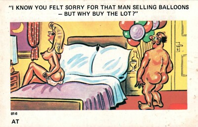 VINTAGE RUDE COMIC Silly Man Ties a BIG Bunch of Balloons to his Willy POSTCARD