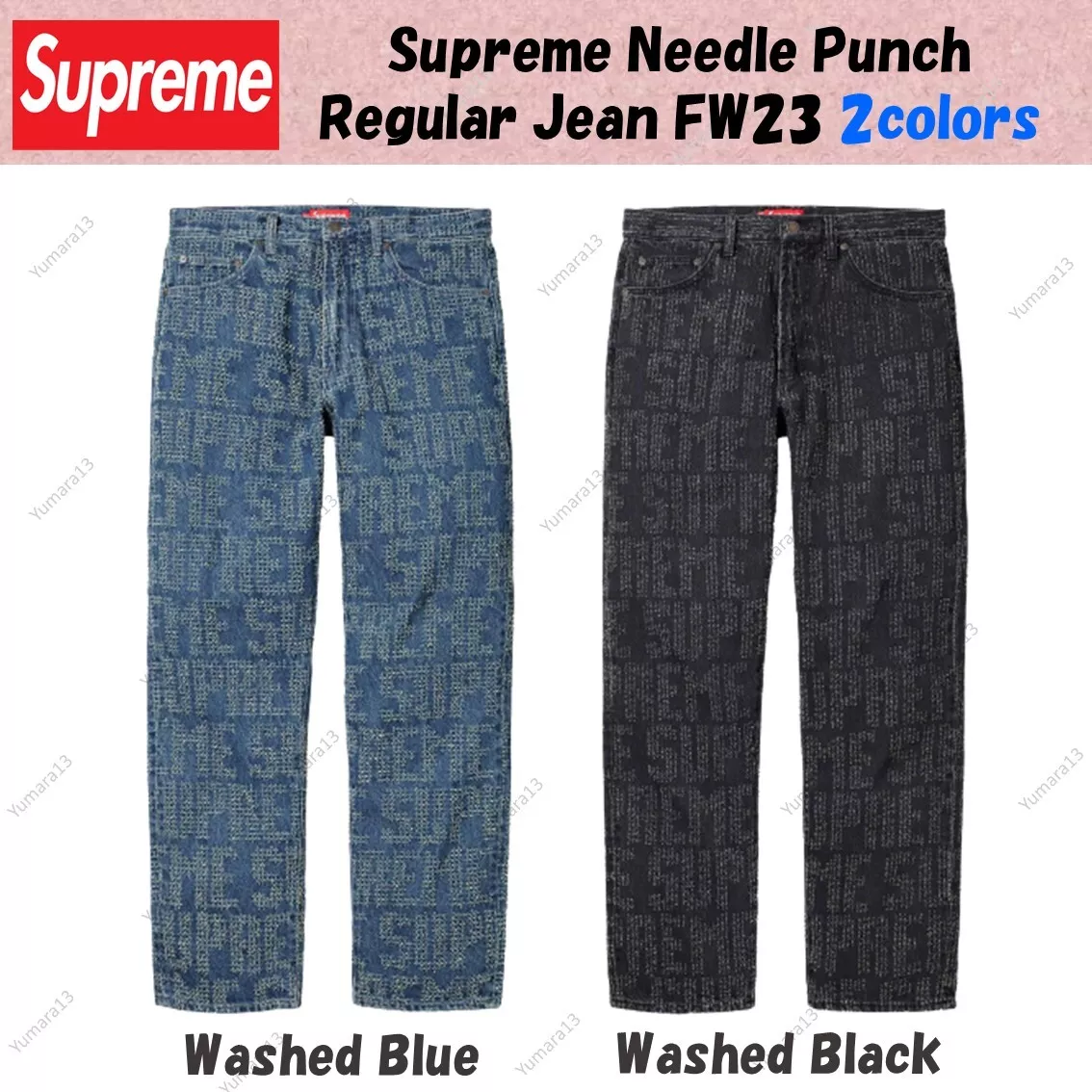 Supreme Needle Punch Regular Jean Washed Black Blue 2colors Size