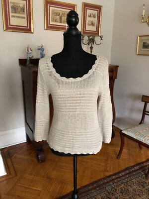 Paula D'Angela Canada Cotton BEIGE OPEN KNIT CROP CABLE SWEATER Medium
