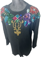 Vtg. 80  s Size L Glity Black Sweater W/ Colorful Sequins Floral w/ Gold Beads