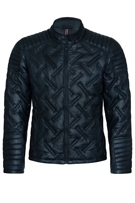 Herren Schwarz Puffer Biker Lederjacke Gesteppt Bomber Warm Lammfell Jacke
