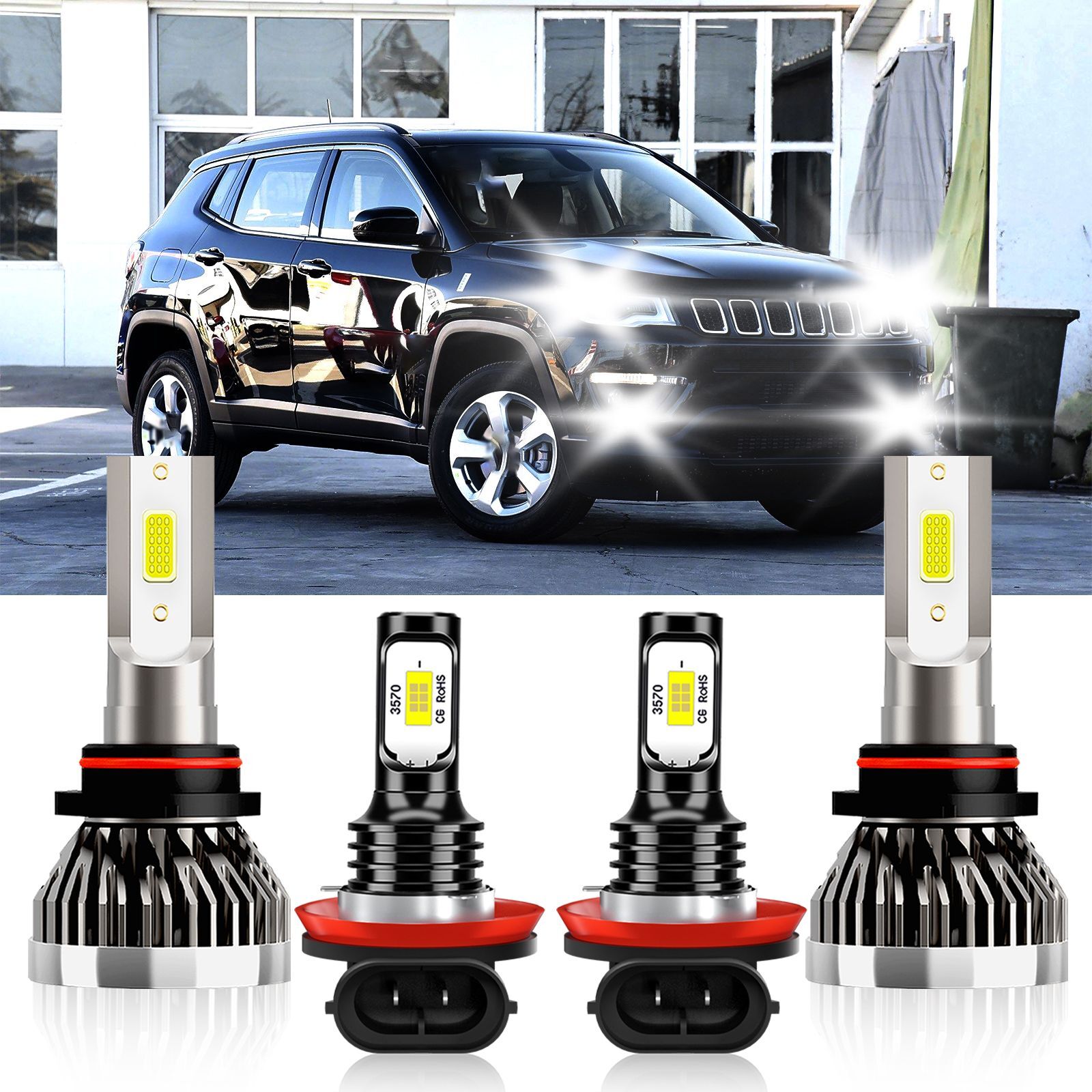 For Jeep Compass 2014-2016 4x LED Headlight High Low Beam + Fog Light Bulbs