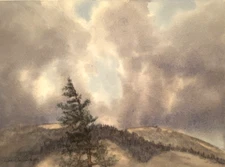 SIGNED 2012 IMPRESSIONIST MOUNTAINTOP LANDSCAPE W BIG SKY WATERCOLOR PAINTING