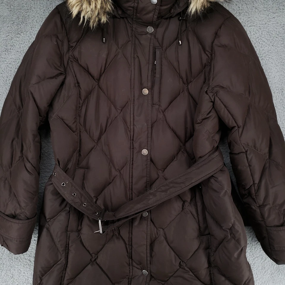 Abrigo Chaqueta Lands End Niñas 10-12 Marrón Plumón Puffer Piel Sintética Con Capucha Cinturón Foto 3 de 4