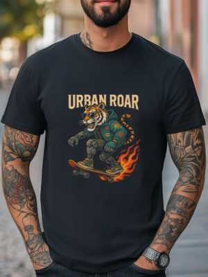 Urban Roar Tiger T-Shirt Cool Cyberpunk Tiger on Skate Graphic Unisex Casual Tee