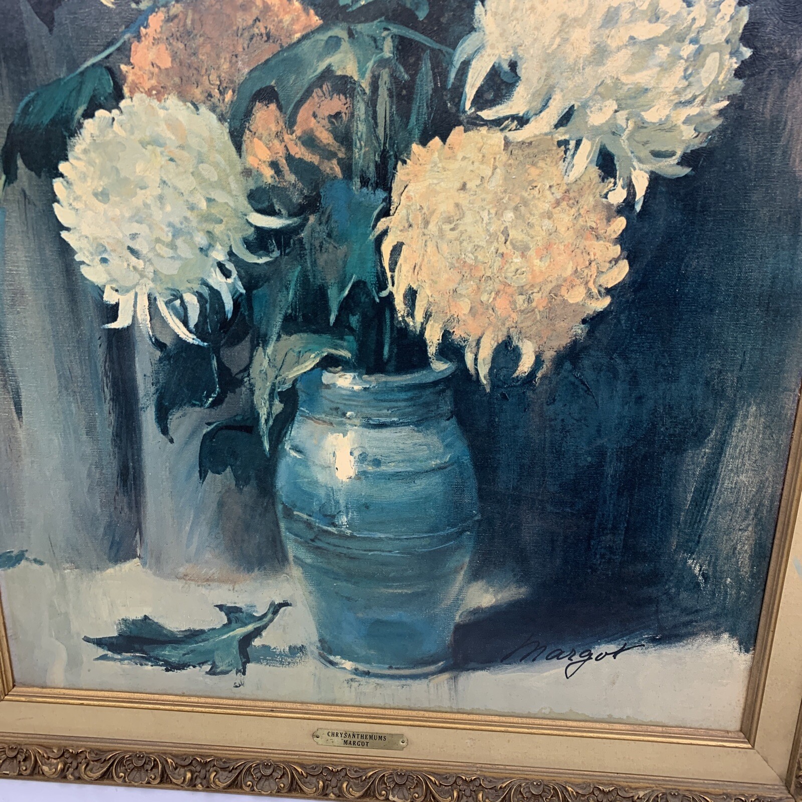 Large MID CENTURY Painting Litho Chrysanthemums Margot Vintage Modern