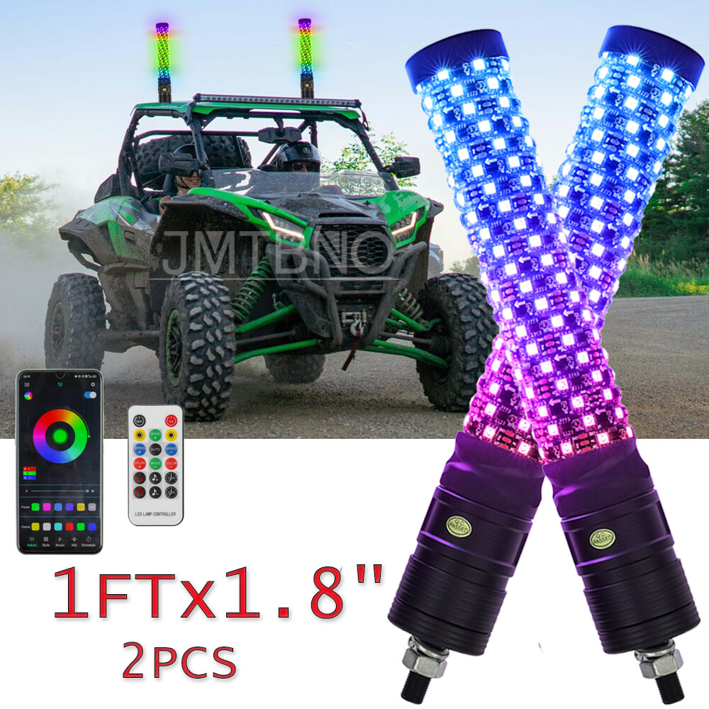 Pair 1FT RGB Fat LED Whip Lights Antenna 1.8in Thick for Kawasaki