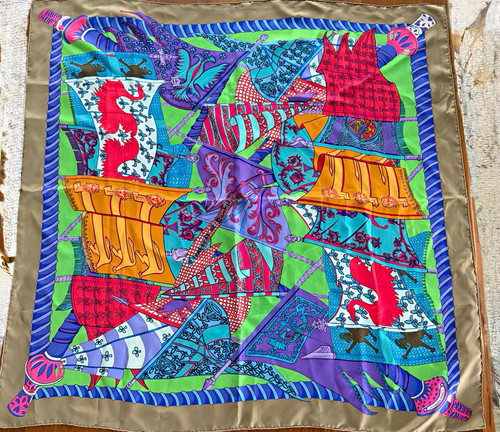 Hermès Paris 100% Silk Satin Square Scarf Multicolor Abstract Art Logo