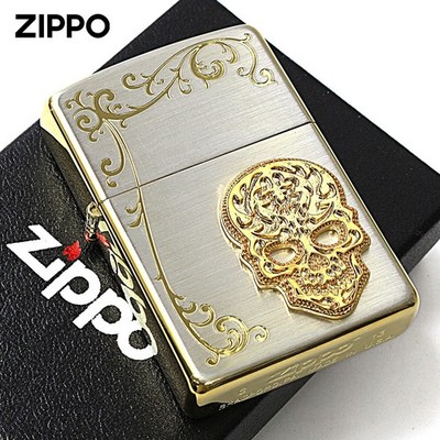 Zippo Lighter Silent Skull Crest Metal Arabesque Etching Engraving Side Gold New