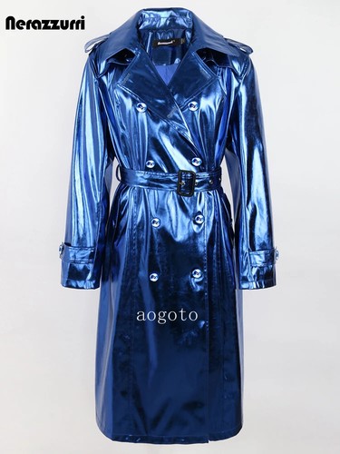 Spring Autumn Women Long Shiny Reflective Patent Leather Trench Coat Overcoat - 第 4/21 張圖片