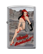 Zippo 5766, WWII Nose Art Pinup Girl, Atomic Bombshell, Satin Chrome Lighter