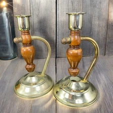 Primitive Style Wood And Metal Swivel Candle Stick Holder Set Vintage Decor VTG