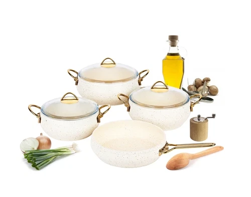 7 pc Nonstick Cookware Set, Non-Toxic Pots, Pans, Oven, Utensils - Gold Granite