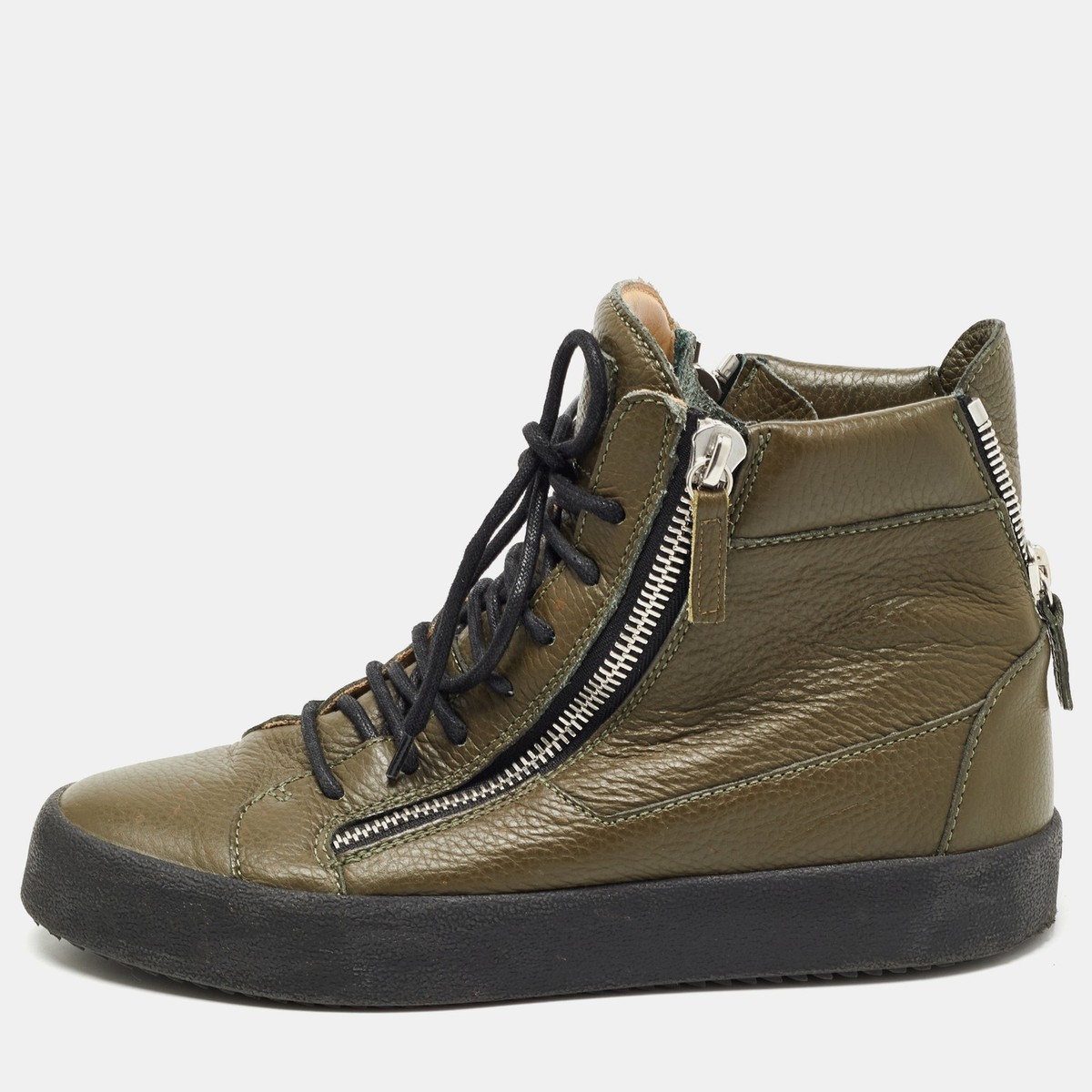 GIUSEPPE ZANOTTI 24AW ダブルジップ レザースニーカー Giuseppe Zanotti Olive Green Leather Double Zip Sneakers
