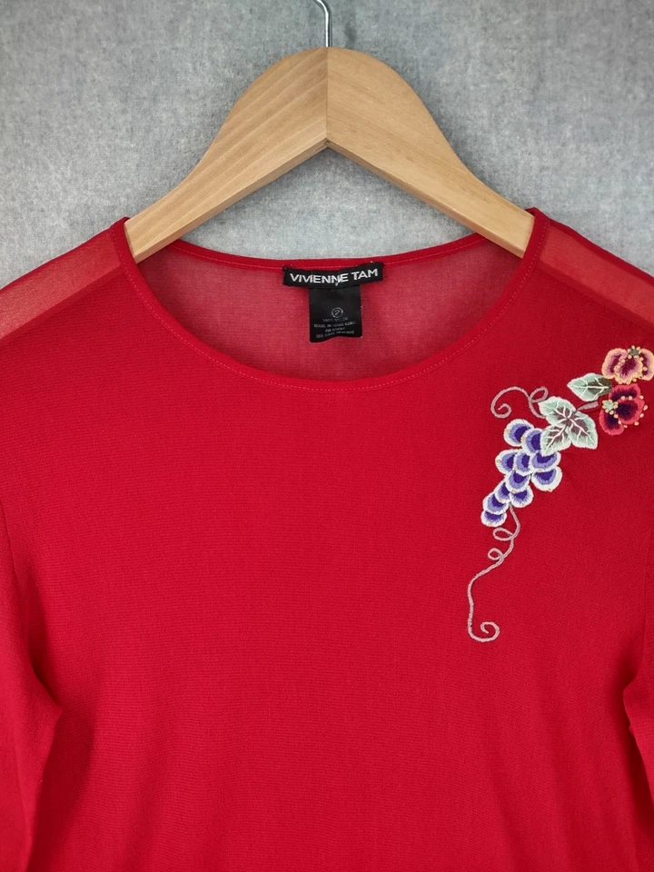 De Colección Años 90 Vivienne Tam Top Mujer 2 Rojo Bordado Floral Malla Manga Larga Pullover Foto 4 de 4