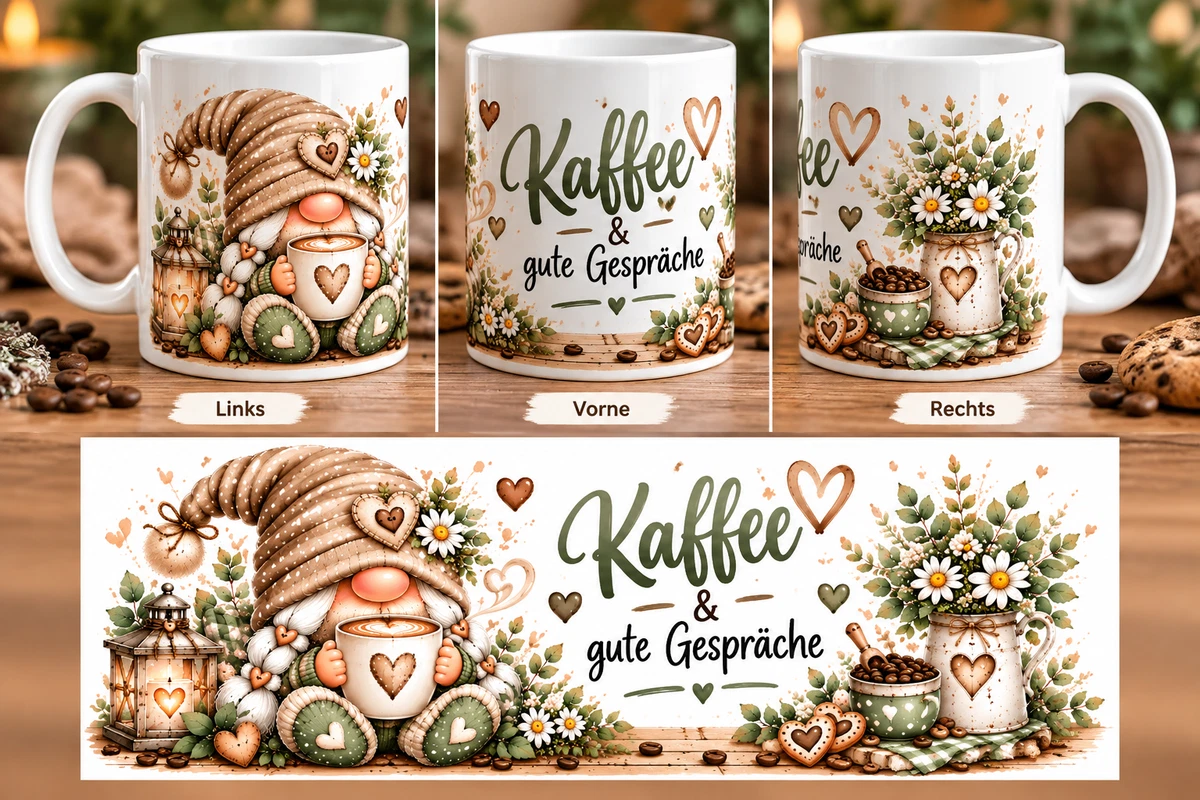 Keramiktasse Wichtel mit Kaffee – Sprüchetasse | Kaffeetasse mit Wichtelmotiv