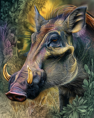 8x10 Warthog close-up tusked portrait - forest shadows - linework - 969795353
