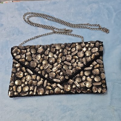 Abercrombie & Fitch Faux Suede Clutch Purse Bag Embroidered Rhinestone Beaded