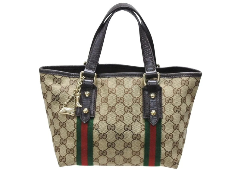 GUCCI Sherry Line Handbag Beige Tan Red Green GG Canvas Leather