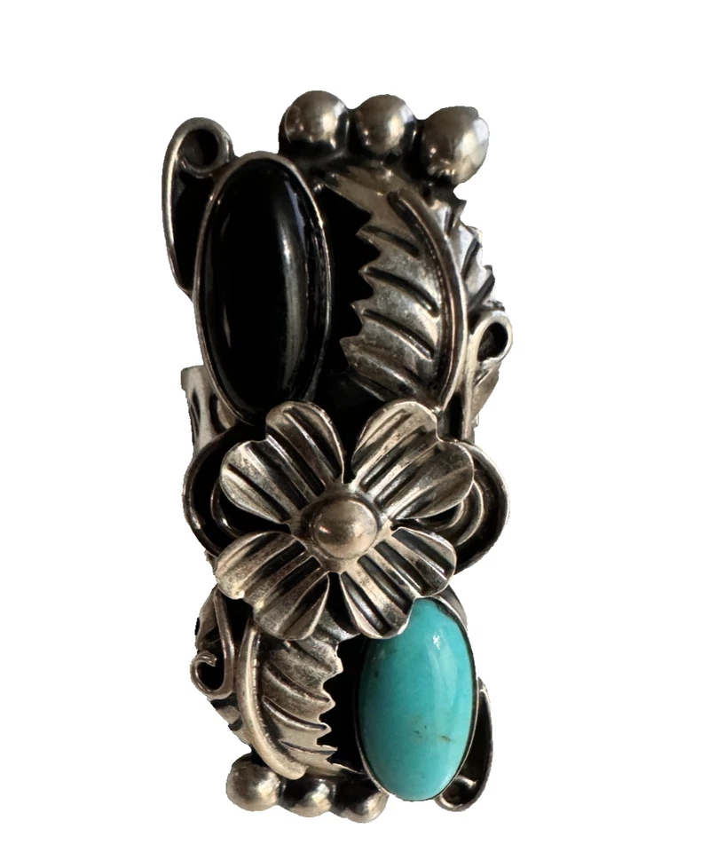 Anel de dedo Cii México prata esterlina ônix navajo pontos turquesa folhas tamanho 9,5 - Imagem 2 de 4