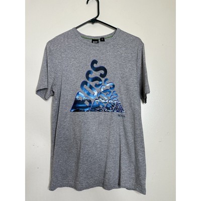Boss Hugo Boss Gray Graphic Tee Active Men s Size Small Blue Logo Crew Neck