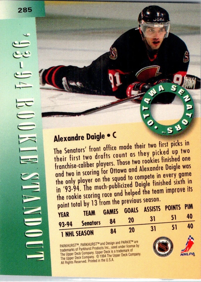 1994-95 Parkhurst Alexandre Daigle Ottawa Senators #285 - Image 2 of 2