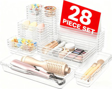 28 Piece Clear Drawer Organizer Set Makeup Bathroom Vanity Desk Storage