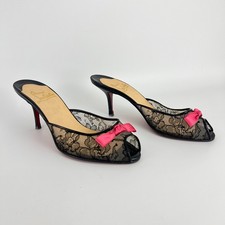 Louboutin | Auth Me Dolly Nero Pizzo Rosa Nastro Fiocco Stiletto Mules Raro (37)