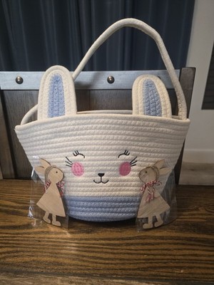 Easter Bunny Basket Rope Storage Basket w Handle & 2 Wooden Bunny Ornaments New