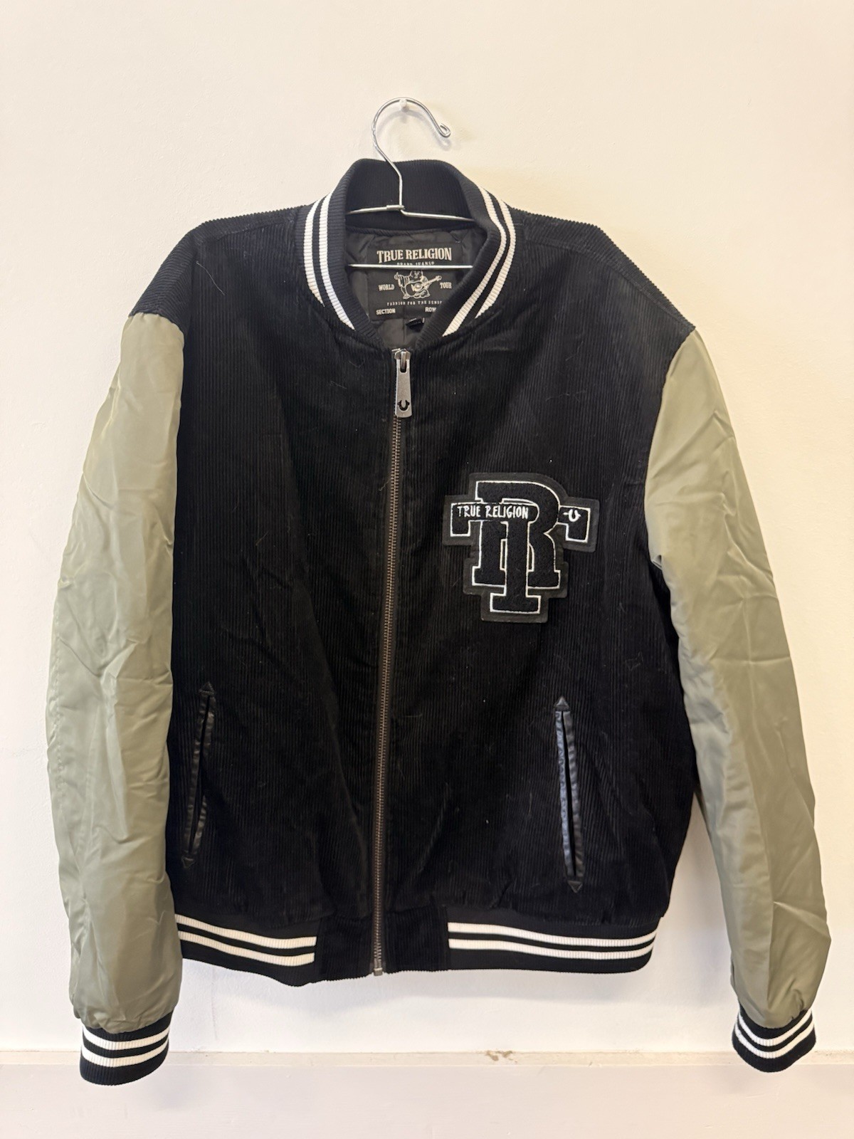 True Religion Men's Corduroy Varsity Jacket Size Xlarge Black Green