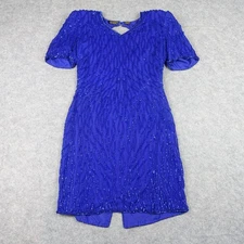 VINTAGE Mark & John by Sam Dress Womens Large Blue Silk Sequin Beaded 80s Party