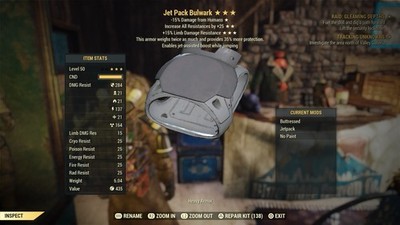 Jet Pack Bulwark Secret Service Armor Fallout 76 Ps4 Ps5 Rare