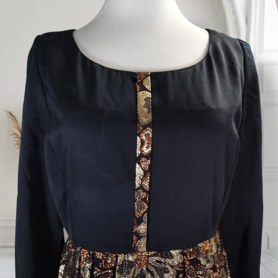 Maxi Vestido Formal Brocado Dorado Vintage Años 60 Talla L Flower Power Manga Larga Foto 2 de 4