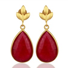 Red Aventurine Gemstone 925 Silver Gold Plated Drop Earrings Wedding Jewelry