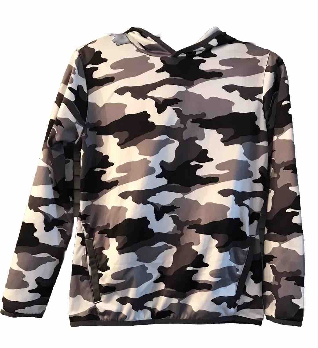 Kids hoodie size 10/12 black and white camo thin, warm fabric EUC