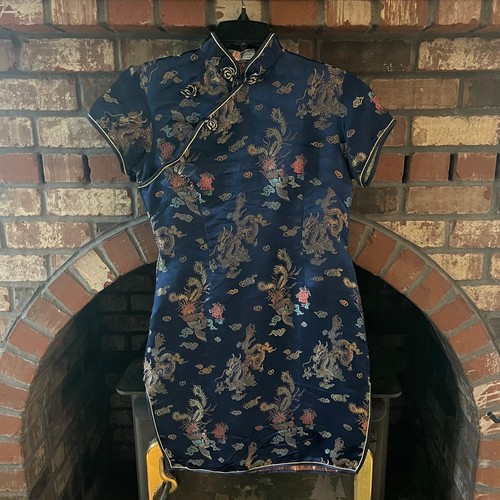 Vintage Laogudai Satin Cheongsam Oriential Dress Dark Blue Size S/M