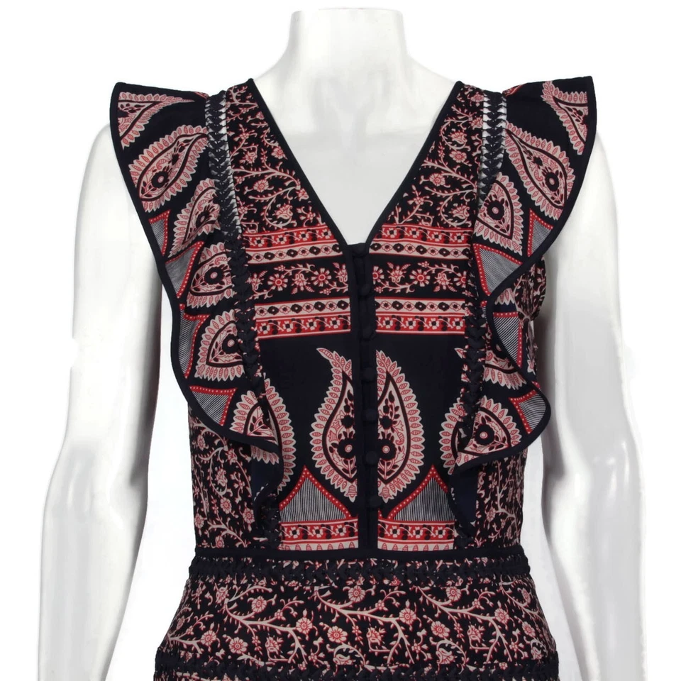 Vestido midi de seda sin mangas con volantes azul cachemir floral SEA New York talla 0/562 Foto 3 de 4