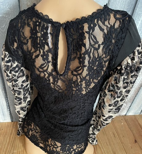 Free People Romantic Black Lace Blouse Leopard Puff Sleeve Top Size Small NEW - Picture 9 of 12
