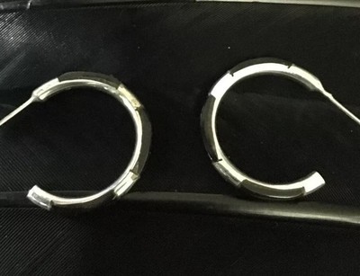 NICE ESTATE STERLING SILVER ONYX DESIGN HOOP POST BACK EARRINGS 1 1/16'' DIAMETER