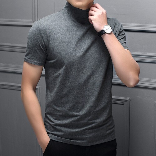 Men's Half High Neck Milk Silk Short Sleeve Slim T-shirt High Neck Leggings - Picture 8 of 10