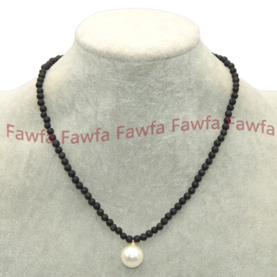 4mm Natural Gems Beaded 14mm Round White Shell Pearl Pendant Necklace 18-24 inch