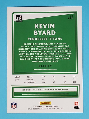 2020 Panini Donruss RED PRESS PROOF Kevin Byard Tennessee Titans #248 - Picture 2 of 2