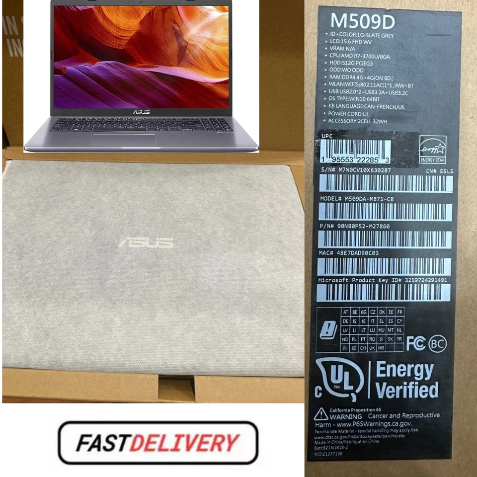 Ноутбук Asus 15,6 дюйма полная высокая четкость AMD Ryzen 7-3700U, 8 ГБ RAM, 512 ГБ, Win 10 темно-серый - M509D - Изображение 2 из 4