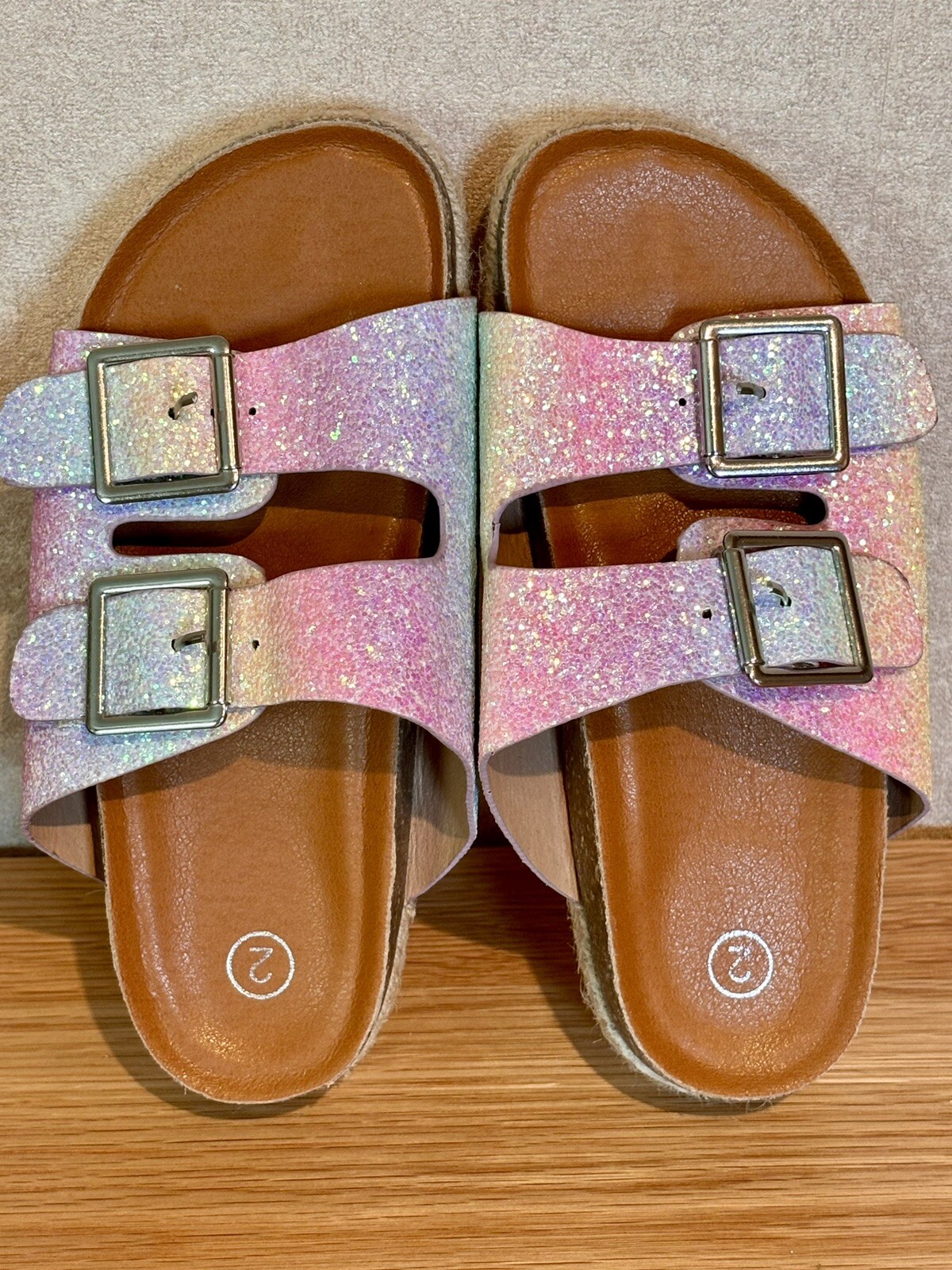 UK 2/35 Girls Sparkly Rainbow Ombré Wedge Espadrilles/Sliders/Sandals EXCOND