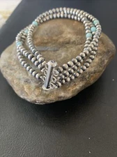 Native American Sterling Silver Beads Blue Turquoise Bracelet 3 Strand 13576