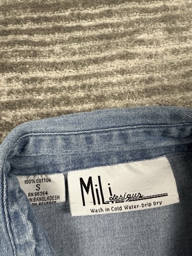 Mili Designs Top Womens Small Blue Long Sleeve Button Up Denim Christian Graphic - Picture 15 of 16